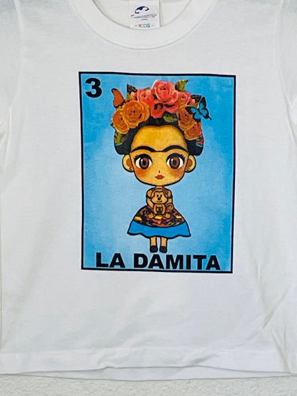 "La Damita" Girls Youth T-Shirt featuring vibrant Lotería-inspired design with a little girl graphic. Available in sizes XS-XL youth from JB Accessories05