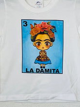 Load image into Gallery viewer, &quot;La Damita&quot; Girls Youth T-Shirt featuring vibrant Lotería-inspired design with a little girl graphic. Available in sizes XS-XL youth from JB Accessories05

