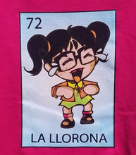 Load image into Gallery viewer, La Llorona Lotería Style Youth T-Shirt featuring a weeping girl design, inspired by Mexican folklore. Available in sizes XS-XL.
