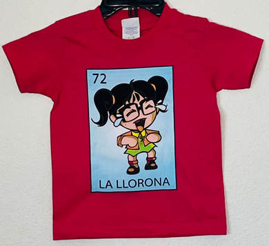 La Llorona Lotería Style Youth T-Shirt featuring a weeping girl design, inspired by Mexican folklore. Available in sizes XS-XL.