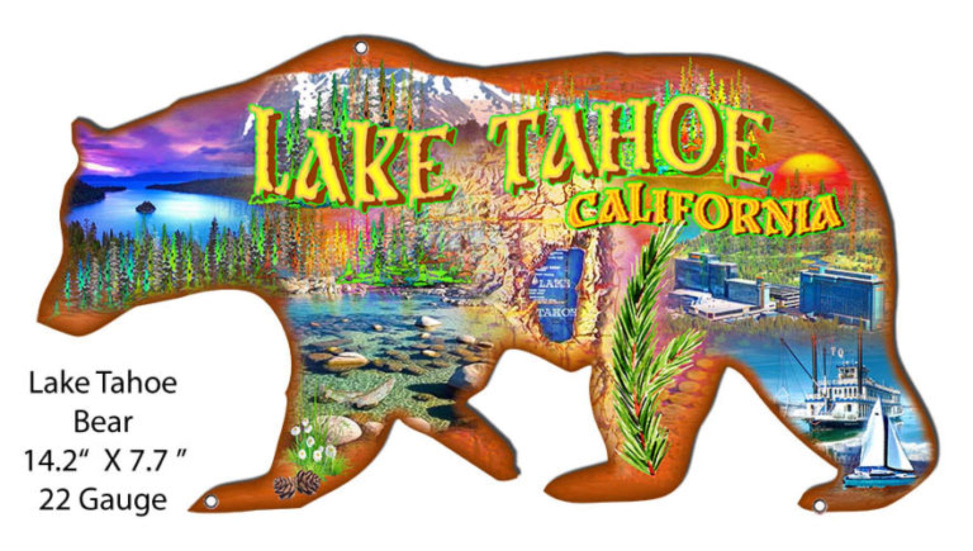 Lake Tahoe California bear laser cut steel sign by Phillip Hamilton featuring a bear silhouette filled with crystal-blue waters, pine forests, the M.S. Dixie II paddlewheel, a sailboat, and mountain scenery.