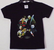 Load image into Gallery viewer, &quot;Leading Men of Horror” Youth T-Shirt featuring Freddy Krueger, Jason Voorhees, Leatherface, and Michael Myers in bold silkscreen design. Available in sizes XS-XL.
