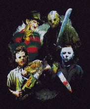 Load image into Gallery viewer, &quot;Leading Men of Horror” Youth T-Shirt featuring Freddy Krueger, Jason Voorhees, Leatherface, and Michael Myers in bold silkscreen design. Available in sizes XS-XL.


