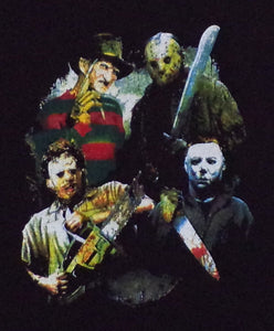 "Leading Men of Horror” Youth T-Shirt featuring Freddy Krueger, Jason Voorhees, Leatherface, and Michael Myers in bold silkscreen design. Available in sizes XS-XL.
