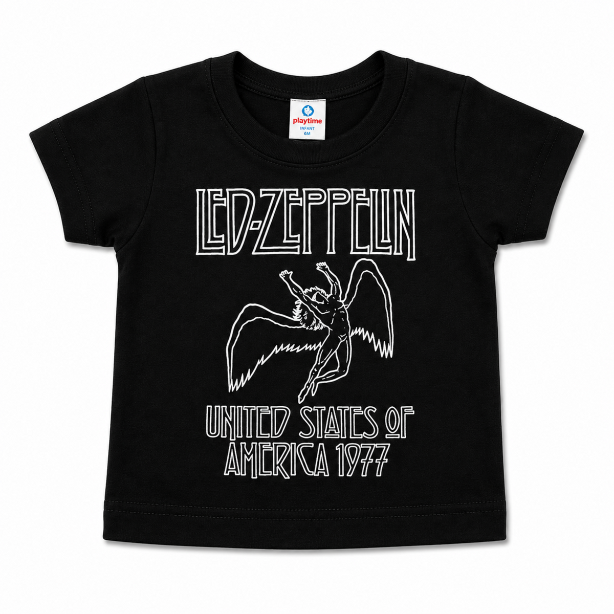 Led Zeppelin America 1977 black infant graphic T-shirt featuring the winged figure design, available in sizes 6M-24M.
