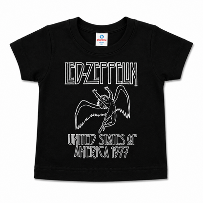 Led Zeppelin America 1977 black infant graphic T-shirt featuring the winged figure design, available in sizes 6M-24M.