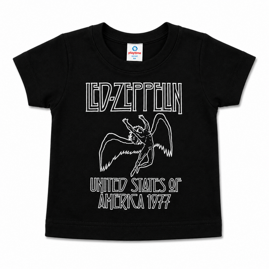 Led Zeppelin America 1977 black infant graphic T-shirt featuring the winged figure design, available in sizes 6M-24M.