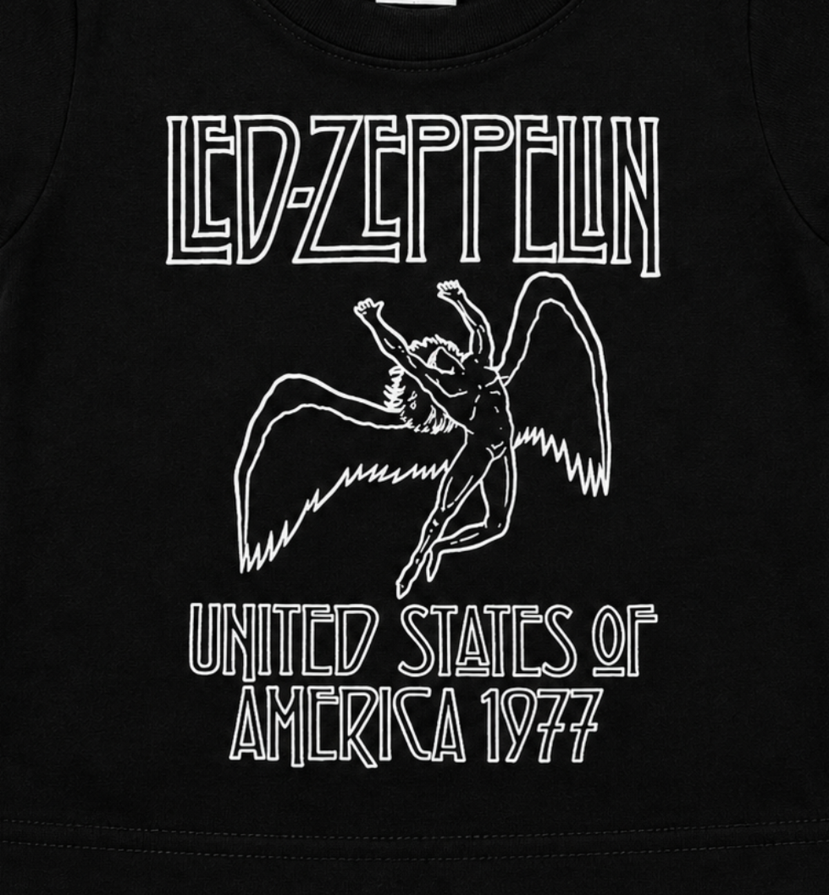 Close-up of the Led Zeppelin America 1977 infant shirt graphic featuring the winged figure and United States of America 1977 design.