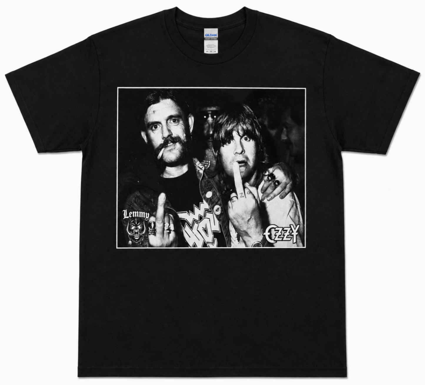Lemmy and Ozzy 1981 black graphic T-shirt featuring the two heavy metal legends together backstage with their middle-finger salute—a standout old-school metal tee.