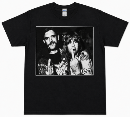 Lemmy and Ozzy 1981 black graphic T-shirt featuring the two heavy metal legends together backstage with their middle-finger salute—a standout old-school metal tee.