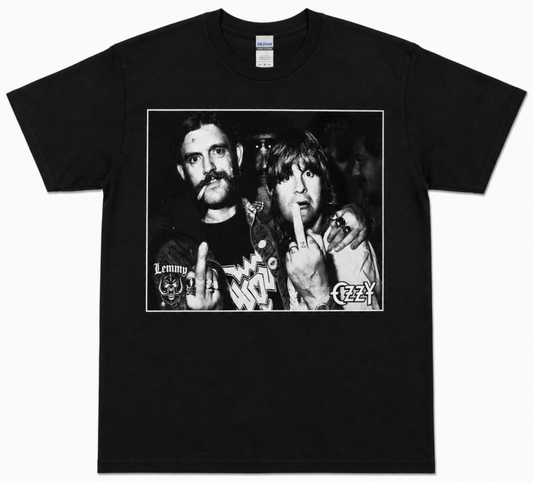 Lemmy and Ozzy 1981 black graphic T-shirt featuring the two heavy metal legends together backstage with their middle-finger salute—a standout old-school metal tee.
