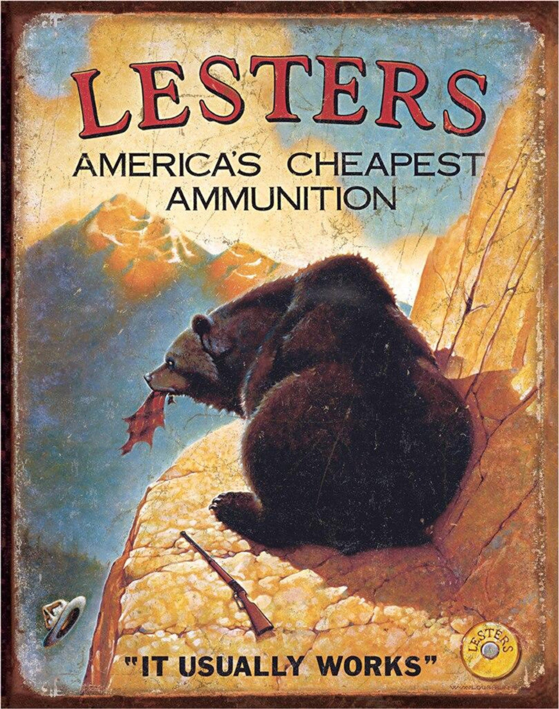Lesters Americas Cheapest Ammunition vintage hunting metal sign with bear graphic and distressed lettering, 12.5 inches wide by 16 inches tall.