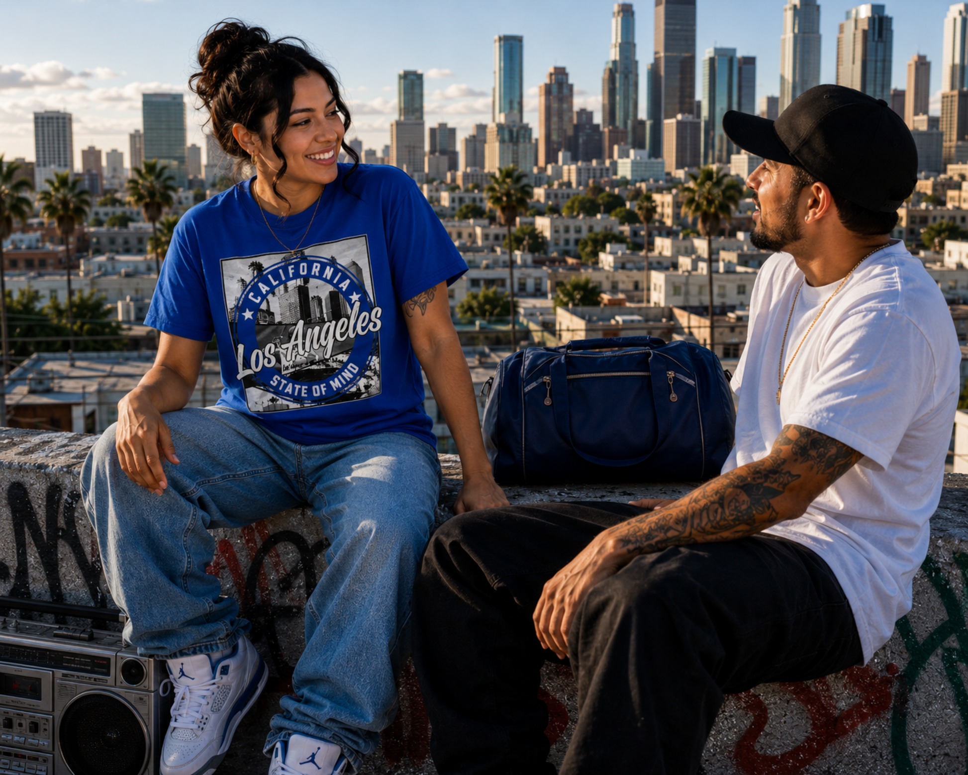 Los Angeles State of Mind blue graphic T-shirt worn with friends outdoors, combining LA baseball culture, California pride, and classic West Coast style.
