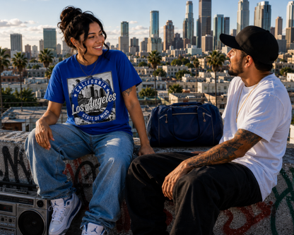 Los Angeles State of Mind blue graphic T-shirt worn with friends outdoors, combining LA baseball culture, California pride, and classic West Coast style.
