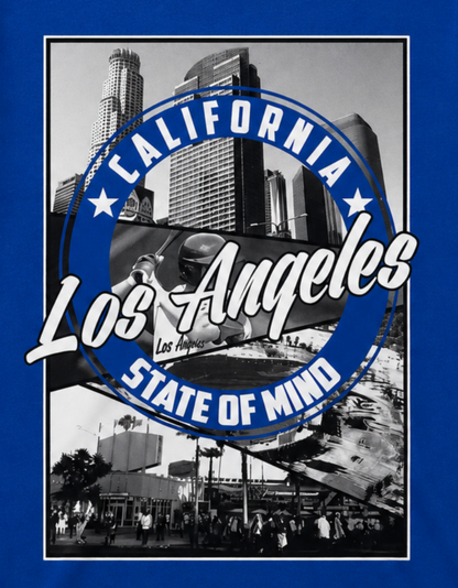 Los Angeles State of Mind West Coast baseball T-shirt in royal blue with downtown skyline, baseball player, palm trees, and city scenes—a standout choice for L.A. baseball and California fans.