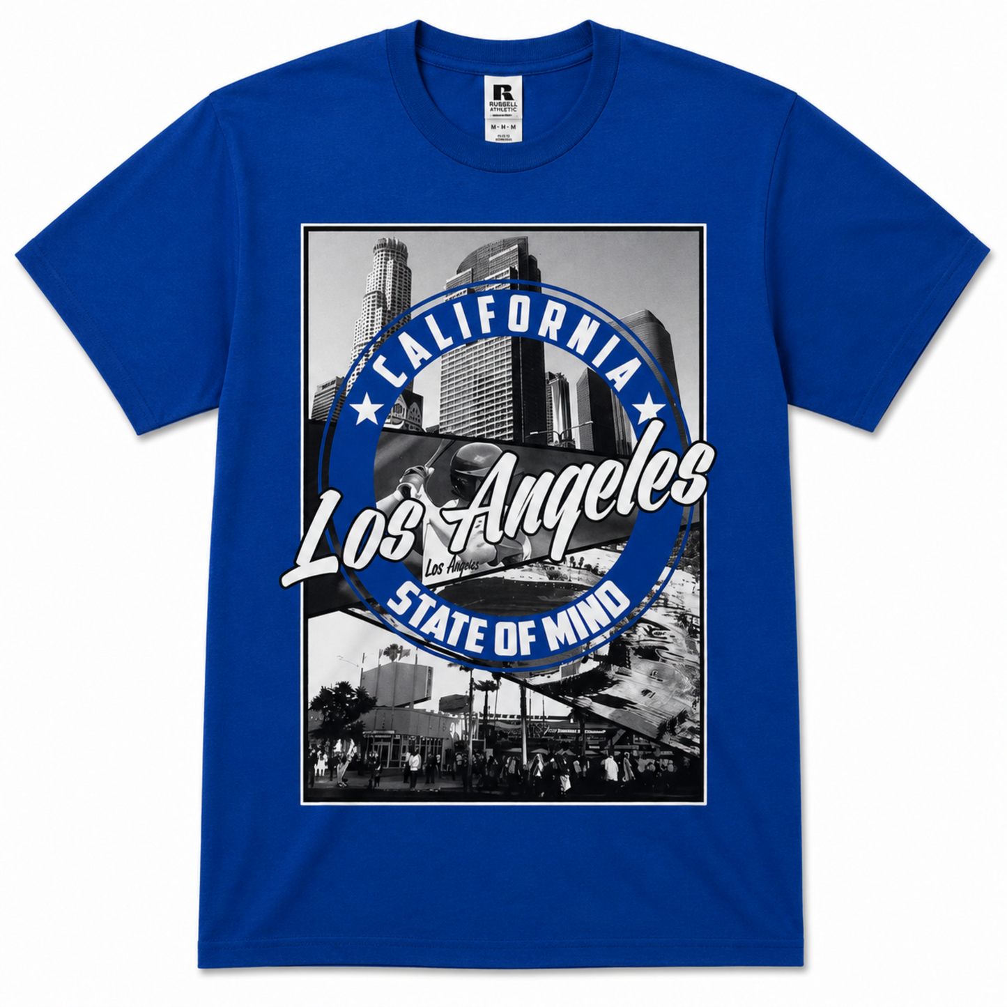 Los Angeles State of Mind West Coast baseball T-shirt in royal blue with downtown skyline, baseball player, palm trees, and city scenes—a standout choice for L.A. baseball and California fans.