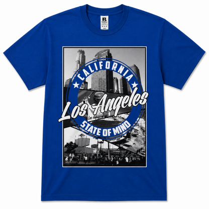 Los Angeles State of Mind West Coast baseball T-shirt in royal blue with downtown skyline, baseball player, palm trees, and city scenes—a standout choice for L.A. baseball and California fans.