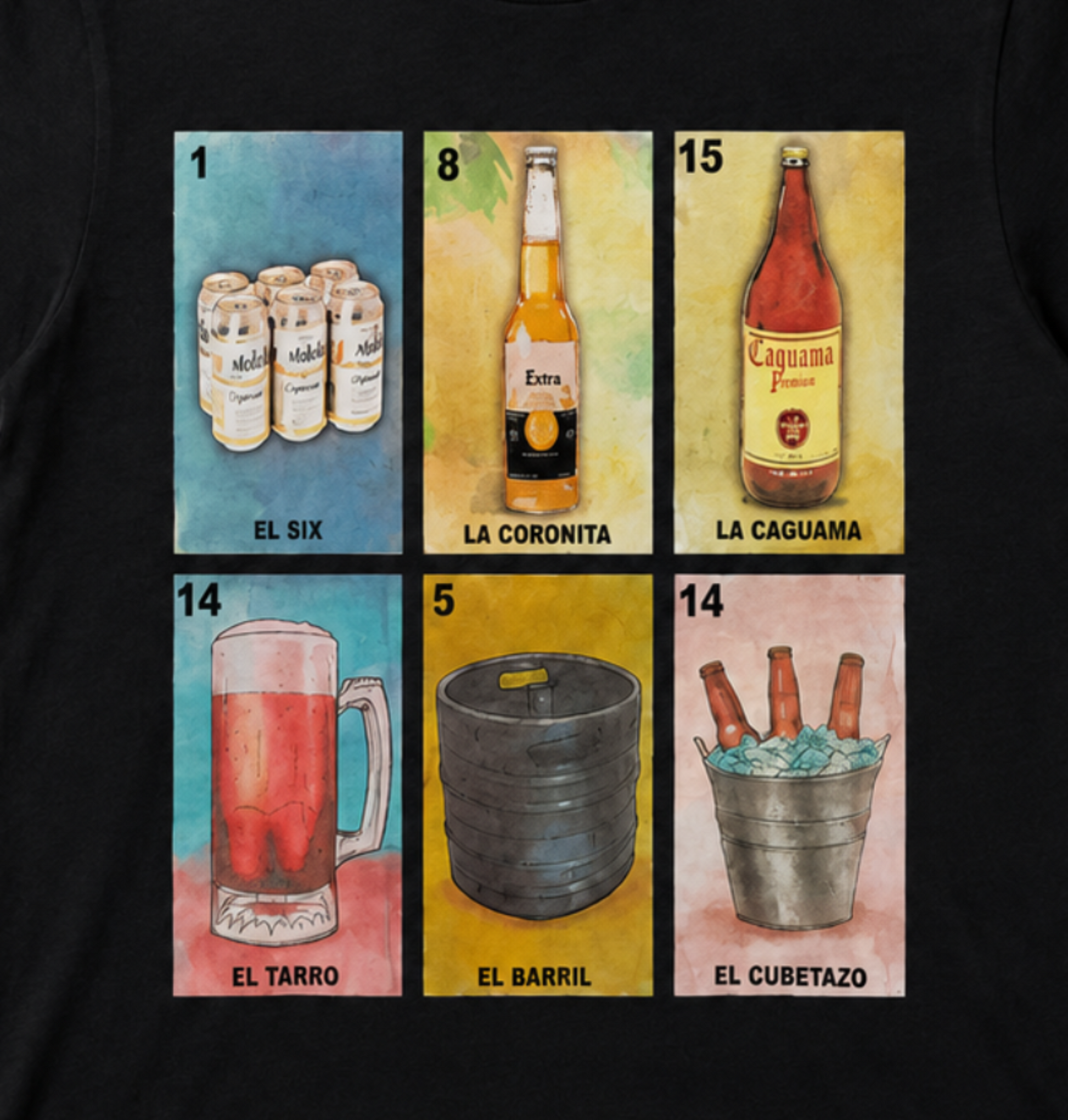 Loteria style beer graphic T-shirt with Las Cervezas grid showing six beer themed cards unisex sizes S–3XL