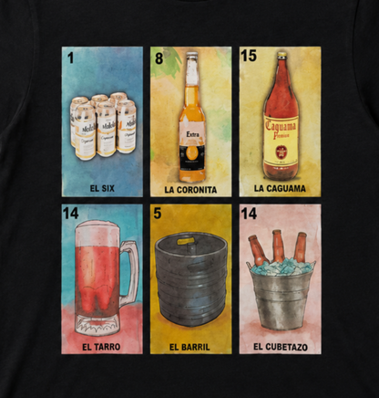 Loteria style beer graphic T-shirt with Las Cervezas grid showing six beer themed cards unisex sizes S–3XL