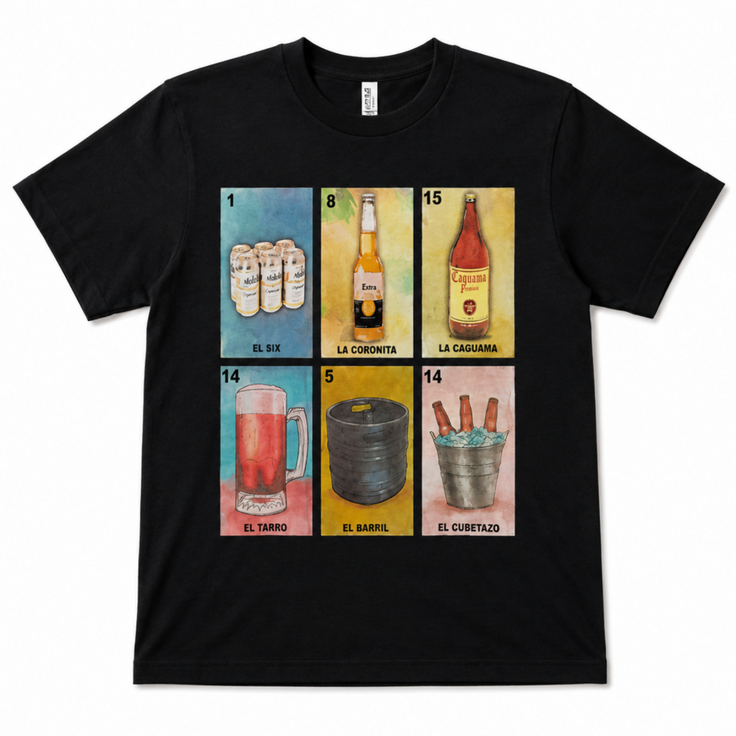 Loteria style beer graphic T-shirt with Las Cervezas grid showing six beer themed cards unisex sizes S–3XL