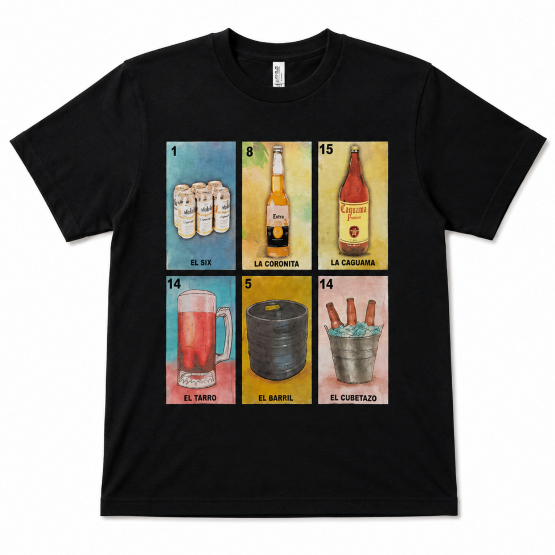 Loteria style beer graphic T-shirt with Las Cervezas grid showing six beer themed cards unisex sizes S–3XL