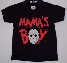 Load image into Gallery viewer, Youth &quot;Mama&#39;s Boy&quot; Jason Voorhees Silkscreen T-shirt featuring a playful graphic of Jason Voorhees with the text &quot;Mama&#39;s Boy.&quot; Available in sizes XS-XL.
