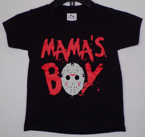 Youth "Mama's Boy" Jason Voorhees Silkscreen T-shirt featuring a playful graphic of Jason Voorhees with the text "Mama's Boy." Available in sizes XS-XL.