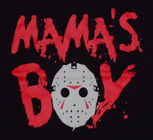 Load image into Gallery viewer, Youth &quot;Mama&#39;s Boy&quot; Jason Voorhees Silkscreen T-shirt featuring a playful graphic of Jason Voorhees with the text &quot;Mama&#39;s Boy.&quot; Available in sizes XS-XL.
