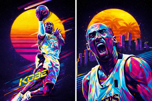 Mamba retrowave neon 3D lenticular poster featuring basketball slam dunk and portrait artwork, 16 inch by 12 inch sports wall art