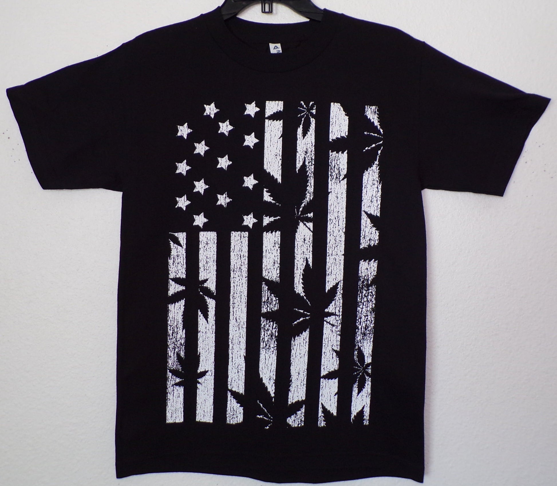 Black and White Flag T-Shirt with Marijuana Leaf Stripes – Unisex Adult Tee