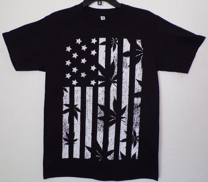 Black and White Flag T-Shirt with Marijuana Leaf Stripes – Unisex Adult Tee