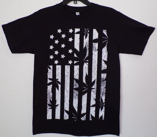 Black and White Flag T-Shirt with Marijuana Leaf Stripes – Unisex Adult Tee