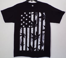 Load image into Gallery viewer, Black and White Flag T-Shirt with Marijuana Leaf Stripes – Unisex Adult Tee
