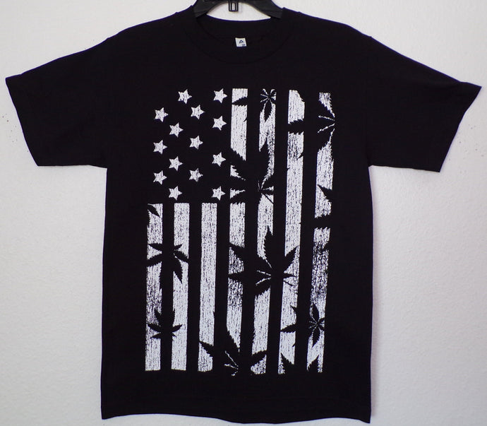 Black and White Flag T-Shirt with Marijuana Leaf Stripes – Unisex Adult Tee