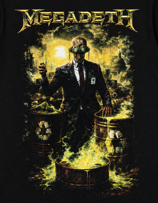 Close-up of the Megadeth Vic Rattlehead T-shirt featuring the suited mascot surrounded by radioactive waste, green flames and distressed Megadeth artwork.