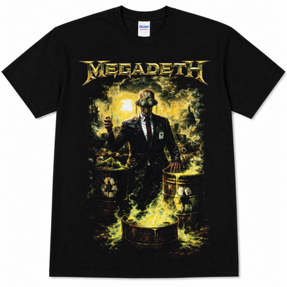 Black Megadeth Vic Rattlehead graphic T-shirt featuring radioactive waste barrels, glowing green toxic sludge, flames and the distressed gold Megadeth logo.