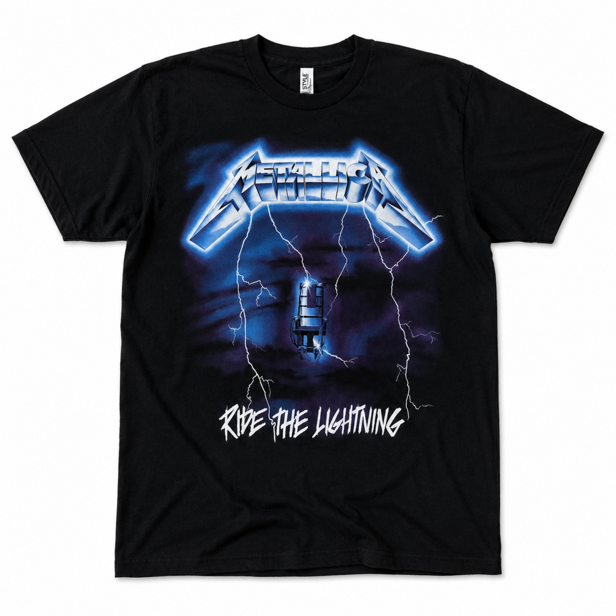 Metallica Ride the Lightning graphic T-shirt with electric chair and blue lightning design unisex sizes S–3XL