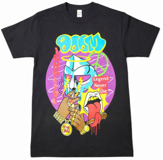 Black “MF DOOM – Legend Never Die” T-shirt featuring cartoon mask design, gold jewelry, and graffiti tribute text.