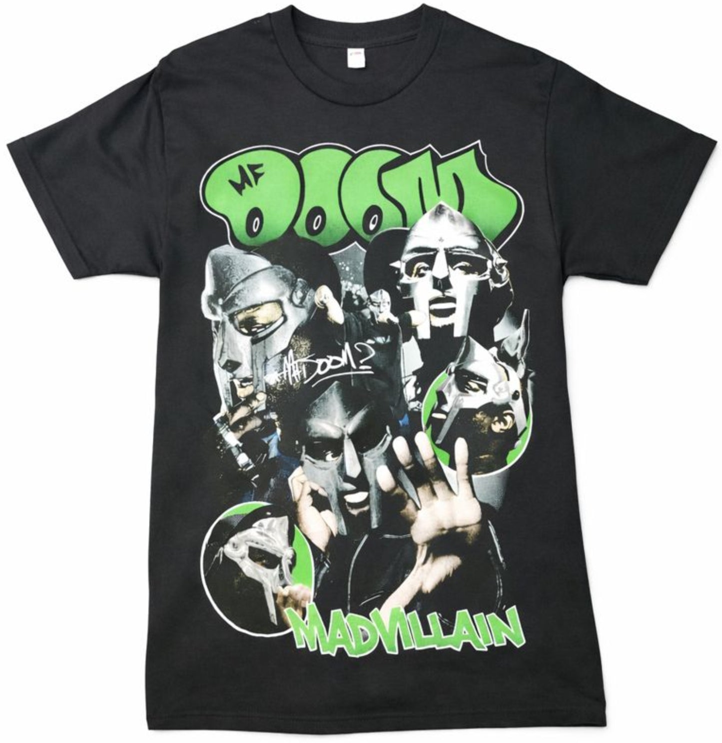 Black unisex “MF DOOM – Madvillain” T-shirt featuring green graffiti lettering and a collage of the masked rapper in multiple poses, available in Small–3XL.