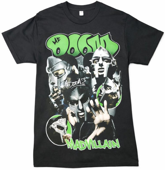 Black unisex “MF DOOM – Madvillain” T-shirt featuring green graffiti lettering and a collage of the masked rapper in multiple poses, available in Small–3XL.