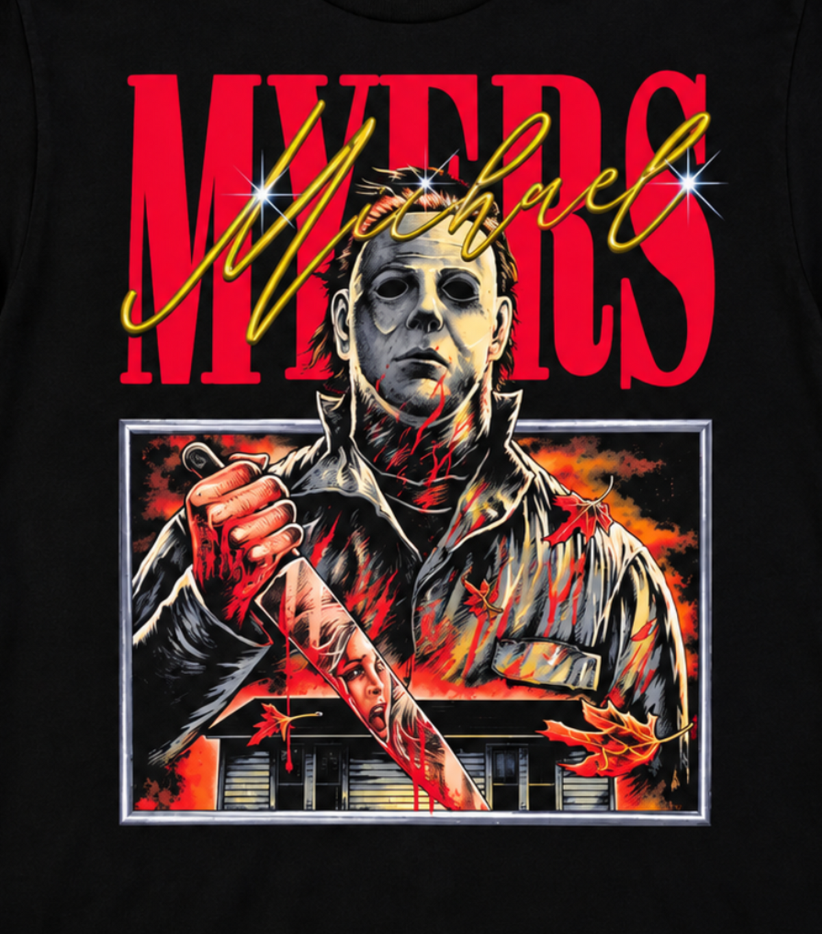 Close-up of Michael Myers Autumn Dusk artwork featuring his expressionless white mask against fiery red and orange tones fading into dark shadows.