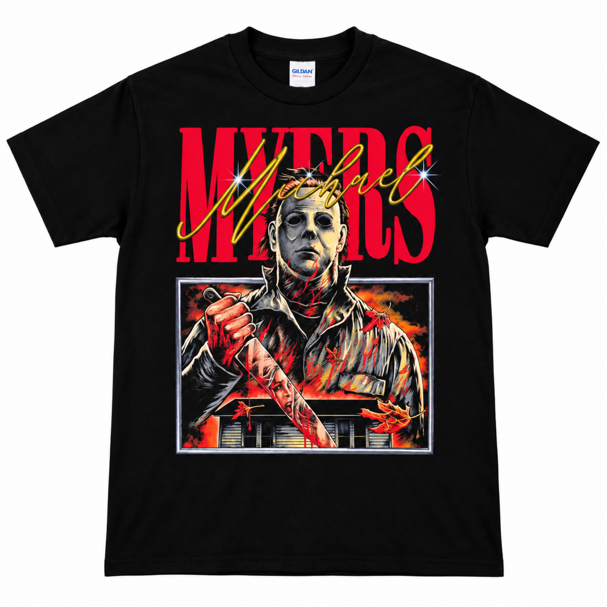 Michael Myers Autumn Dusk black graphic T-shirt featuring his pale mask surrounded by deep red, burnt orange and dark shadowed horror artwork.
