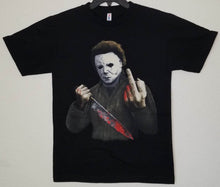 Load image into Gallery viewer, michael myers bloody knife adult silkscreen t-shirt available from small-3xl movies unisex horror bloody knife adult shirts tops
