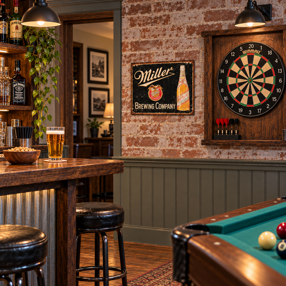 Miller Brewing Company High Life bottle metal sign displayed in a game room with vintage bar decor.