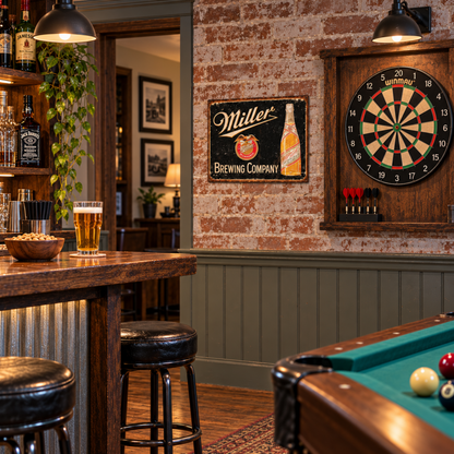 Miller Brewing Company High Life bottle metal sign displayed in a game room with vintage bar decor.