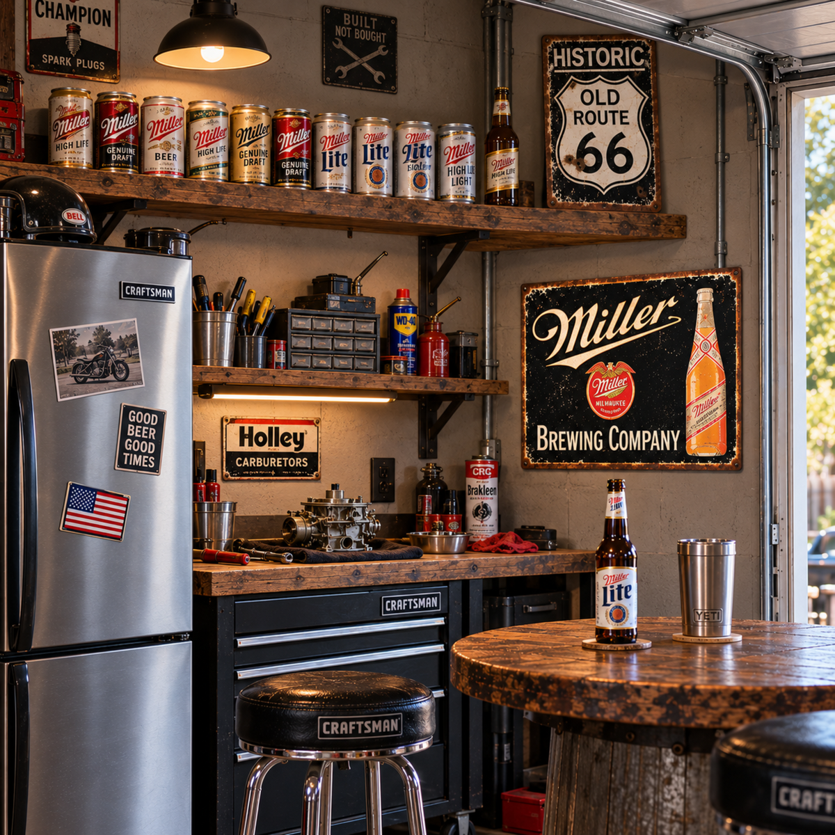 Miller High Life bottle metal sign displayed in a garage workshop bar with vintage automotive decor, beverage cans, refrigerator, and rustic wood counter.