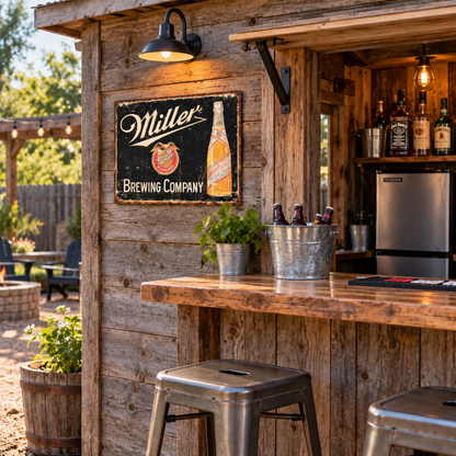 Miller High Life bottle metal sign mounted beside the serving area of a rustic backyard shed bar with weathered wood walls and outdoor setting.