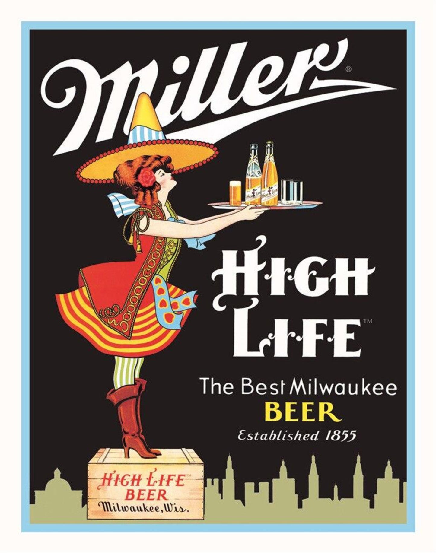Miller High Life Server vintage beer metal sign for indoor or covered outdoor display, 16 inches tall by 12.5 inches wide.