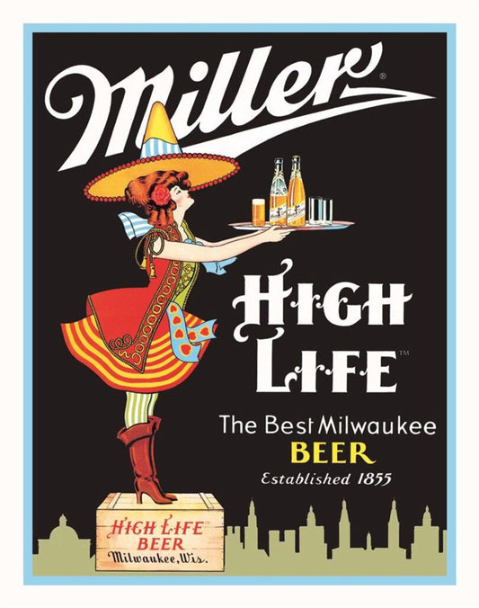 Miller High Life Server vintage beer metal sign for indoor or covered outdoor display, 16 inches tall by 12.5 inches wide.