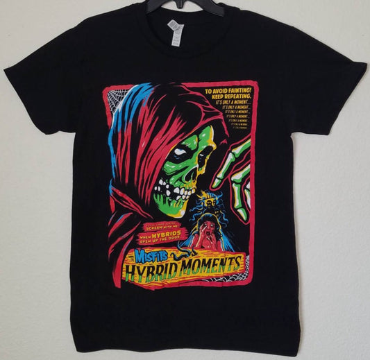 Black Misfits t-shirt featuring colorful horror-style “Hybrid Moments” artwork – Unisex Silkscreen